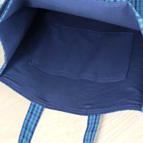 ファミリア風 ブルーグリーンチェック ネイビー 紙袋型トートバッグ