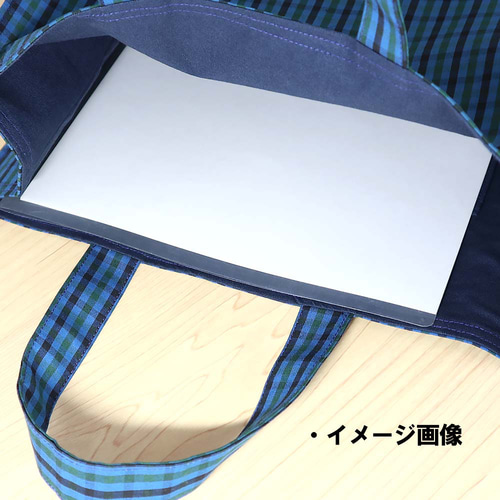 ファミリア風 ブルーグリーンチェック ネイビー 紙袋型トートバッグ