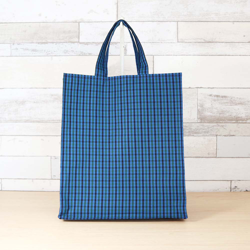 ファミリア風 ブルーグリーンチェック ネイビー 紙袋型トートバッグ