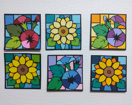 ひまわりとあさがお【ステンドグラス風壁面飾り】黒6枚セット（夏の