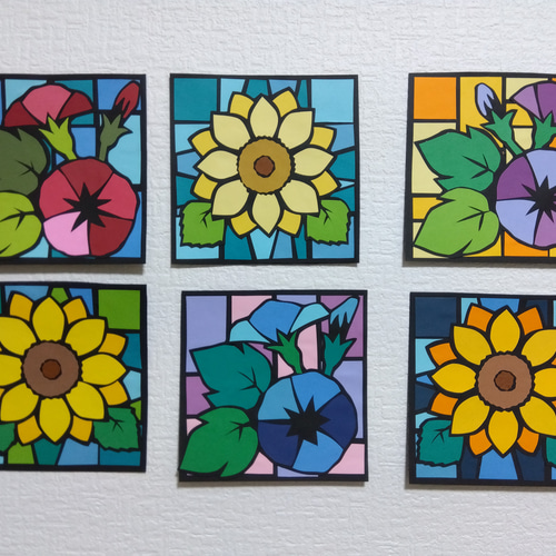 ひまわりとあさがお【ステンドグラス風壁面飾り】黒6枚セット（夏の
