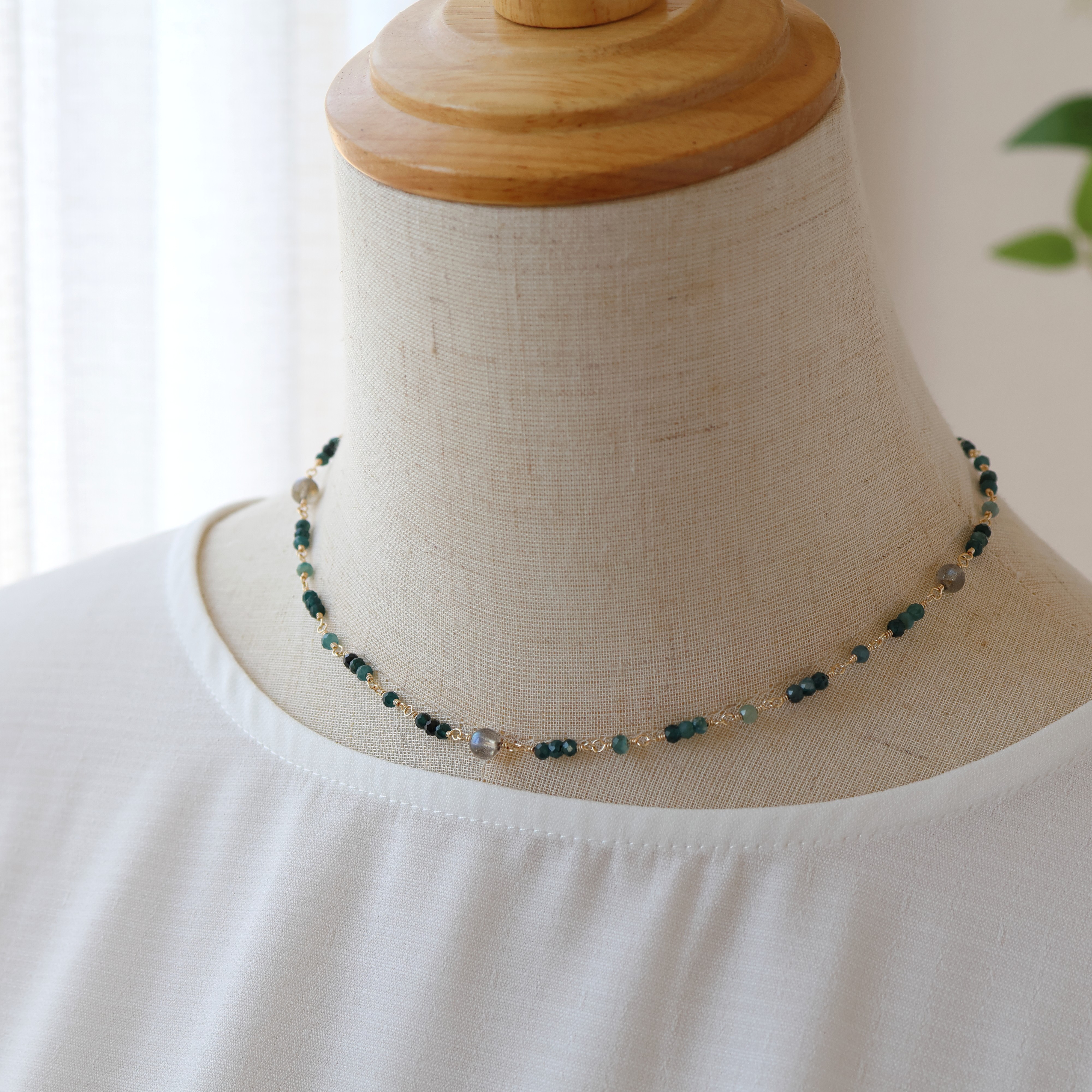 グランディディエライトとラブラドライトのネックレス　14kgfネックレス　グリーン　希少石