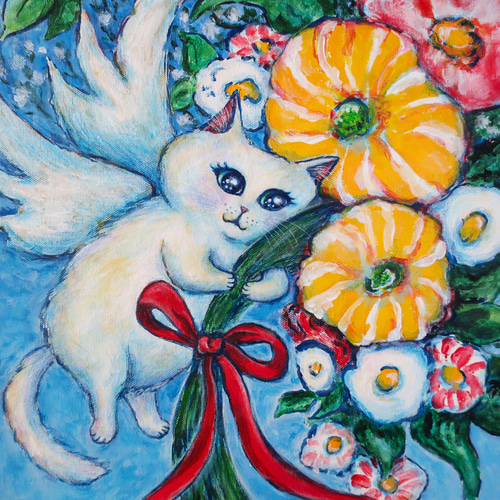 原画 “wishing you happiness” F10号 #絵画 #ねこ #猫 #白猫 #天使猫