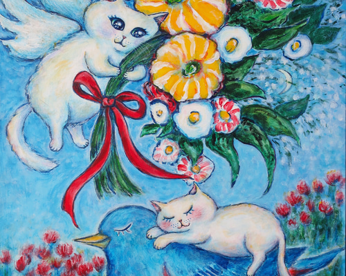 原画 “wishing you happiness” F10号 #絵画 #ねこ #猫 #白猫 #天使猫