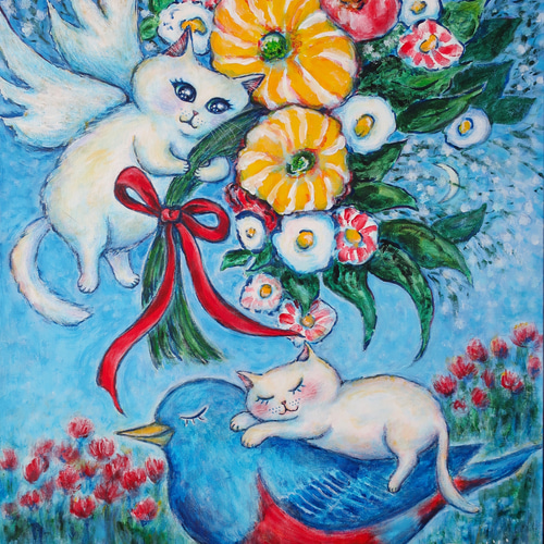 原画 “wishing you happiness” F10号 #絵画 #ねこ #猫 #白猫 #天使猫