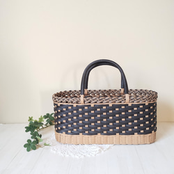 横長 かごバッグ うすちゃ✕黒 バスケット 紙バンド クラフトバンド