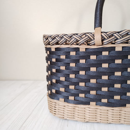 横長 かごバッグ うすちゃ✕黒 バスケット 紙バンド クラフトバンド