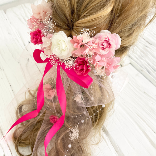 ブーケの様な髪飾り　ヘッドドレス　ピンク　パープル ヘッドドレス ～pink&purple～ アーティフィシャルフラワー