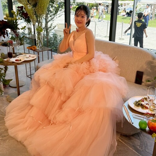 【お値下げ】9号ピンク フリルオーガンジーティアードドレス IRMA/イルマ】 オーガンジー/ フリル/ テールカット/ ベア/ ビジュー