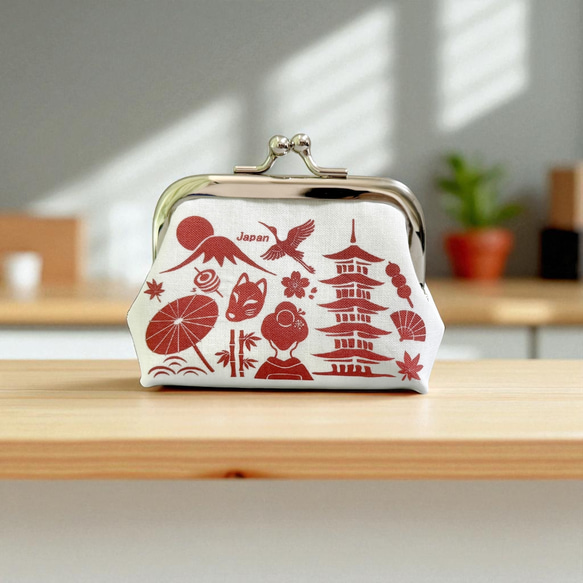 受注製作【JAPAN和ごころがまぐち】手のひらサイズの和モダンがまぐち 朱色 1枚目の画像