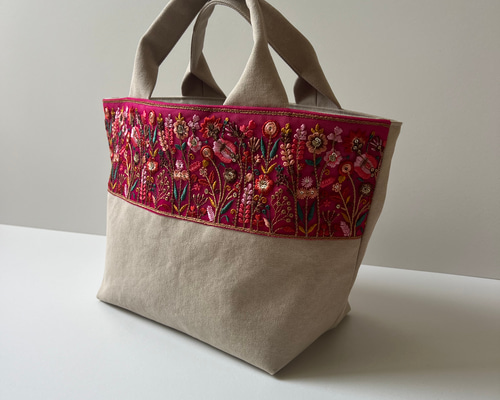 新色◇インド刺繍リボンとクッタリ帆布のトートバッグ◇tulle pink