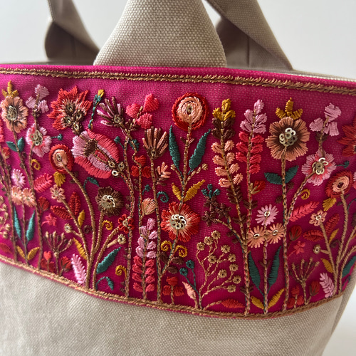 新色◇インド刺繍リボンとクッタリ帆布のトートバッグ◇tulle pink
