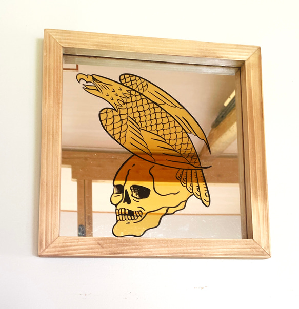 アートフレーム 壁掛け パブミラー ドクロ 鷲 鷹 タトゥー