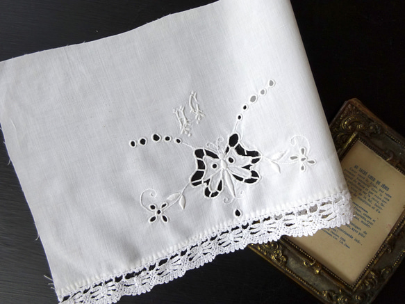 フランス アンティーク 蝶々刺繍 テーブルクロス T2898 フランス