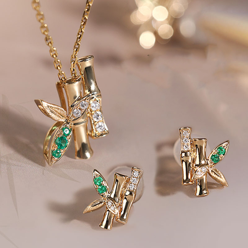 [ヘイズジュエリー] 青峰朗月シリーズ 18Kゴールド 新作 中国竹葉エメラルド 天然ダイヤモンドペンダント/イヤリング マルチ