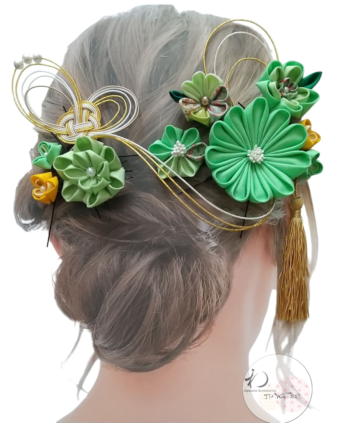 国産髪飾り12点入り//つまみ細工・水引・タッセル付/振袖・着物・袴/成人式・結婚式・卒業式/透明パッケージ入り