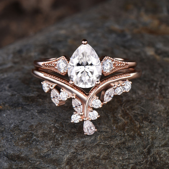 ヴィンテージ モアッサナイト エンゲージリングセット K10 ローズ