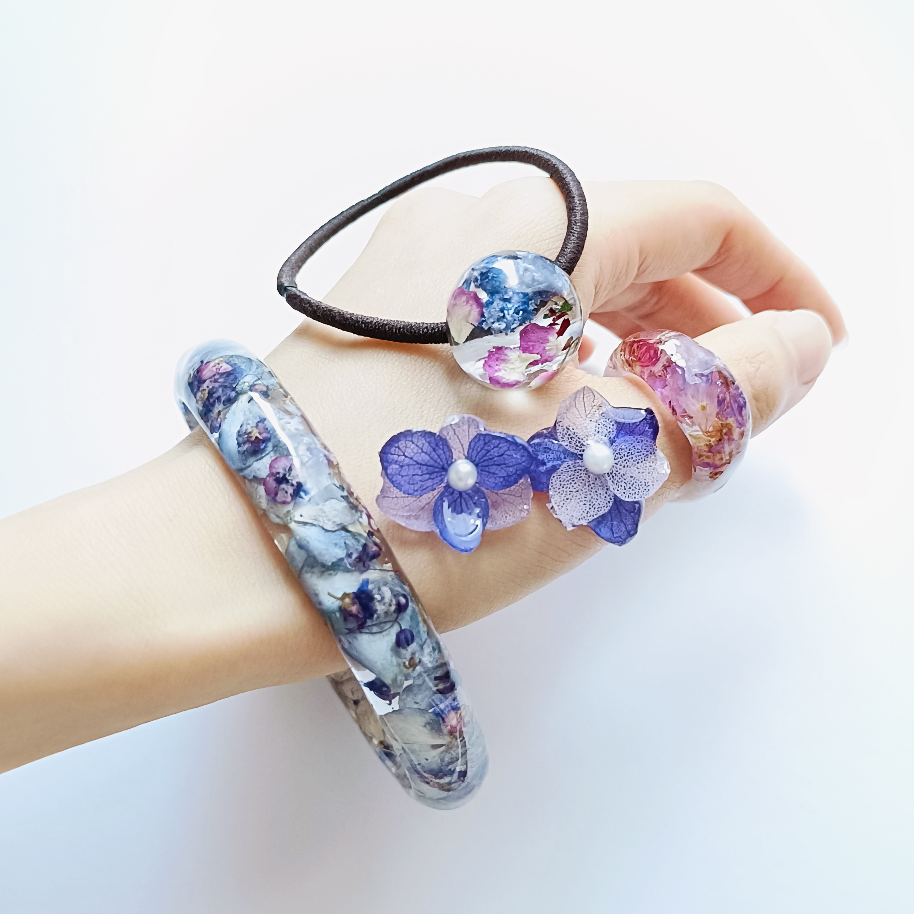 5周年記念福袋SALE　〜紫陽花色のアクセサリー4点セット〜　葡萄　ぶどう　クリア　ドライフラワー　紫陽花　パープル