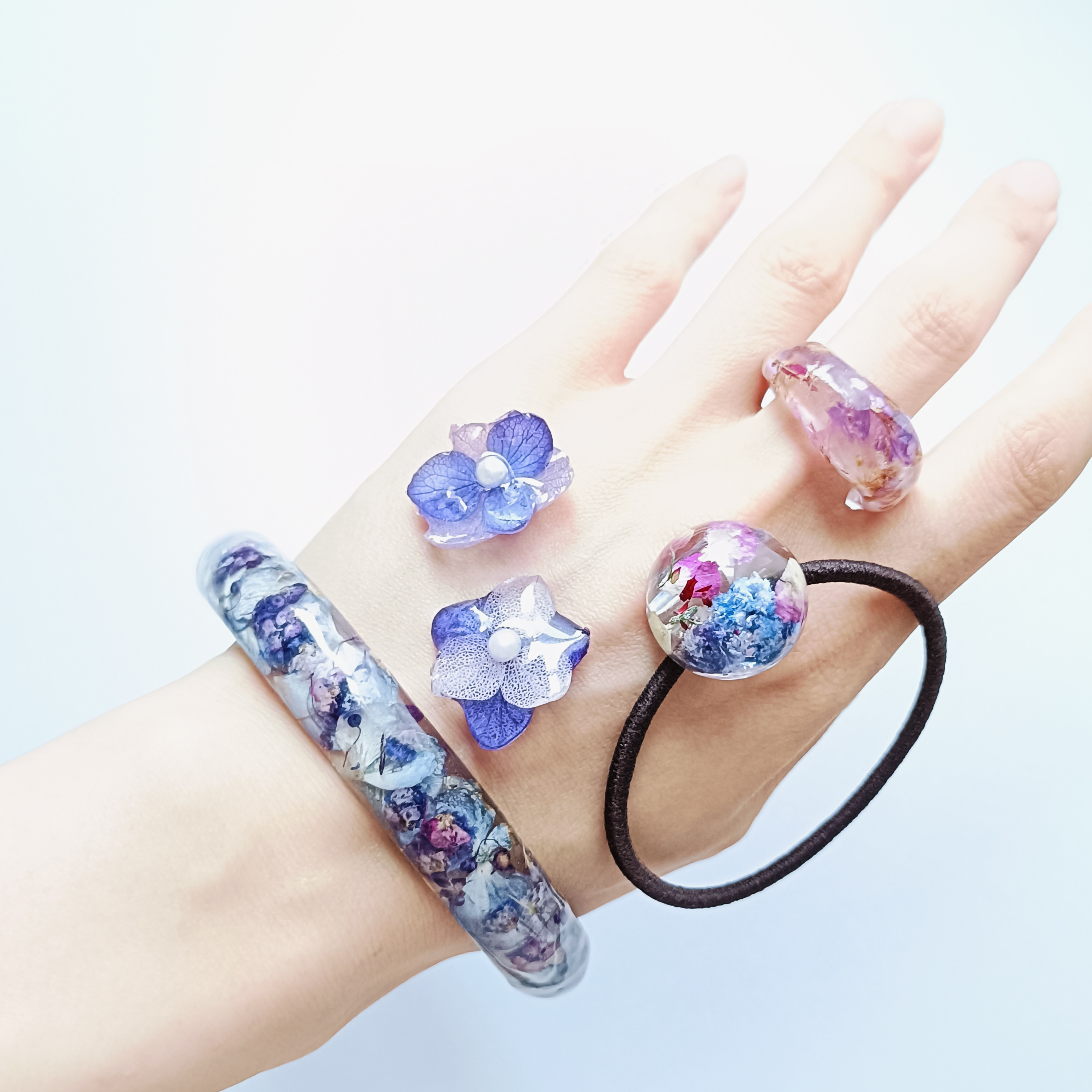 5周年記念福袋SALE　〜紫陽花色のアクセサリー4点セット〜　葡萄　ぶどう　クリア　ドライフラワー　紫陽花　パープル