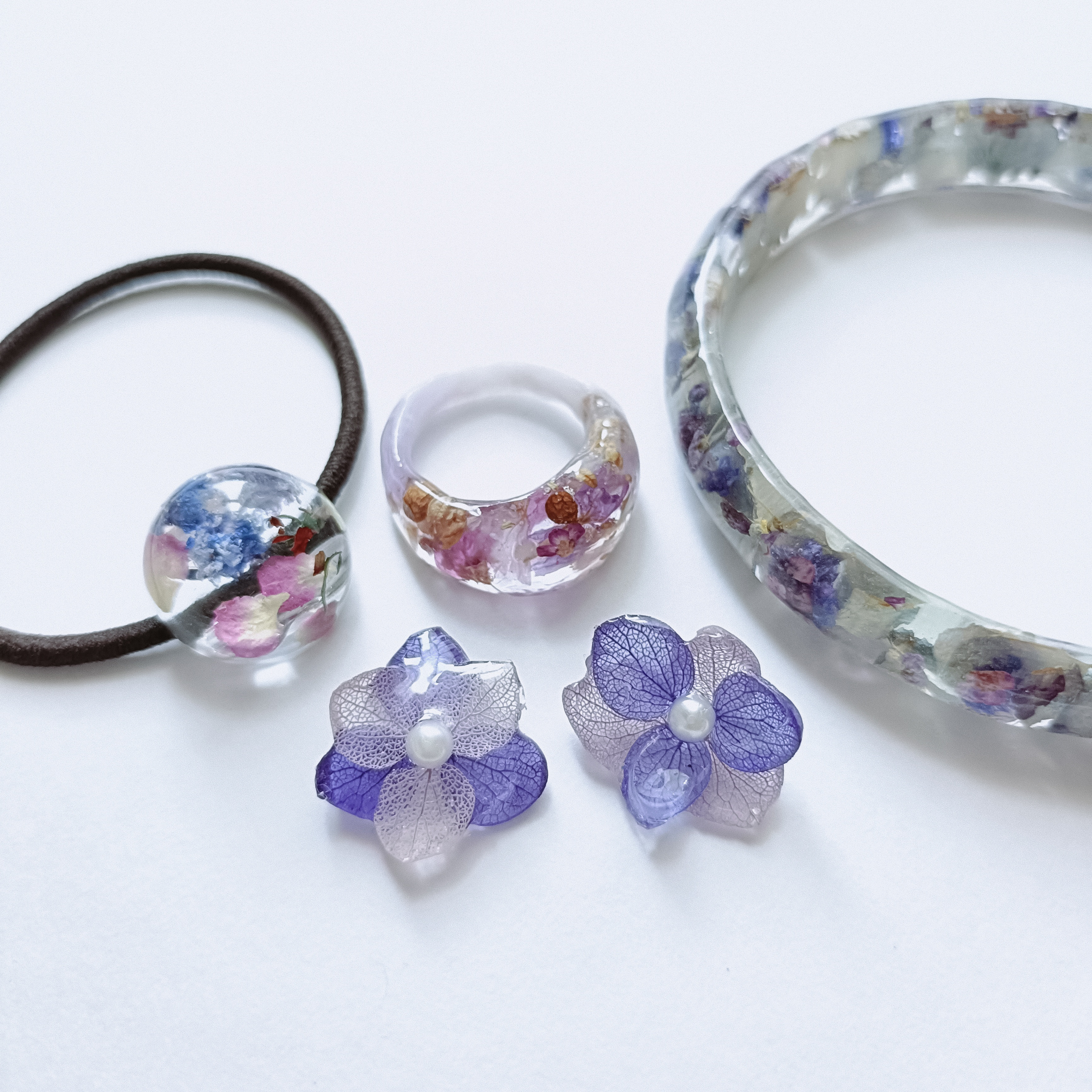 5周年記念福袋SALE　〜紫陽花色のアクセサリー4点セット〜　葡萄　ぶどう　クリア　ドライフラワー　紫陽花　パープル