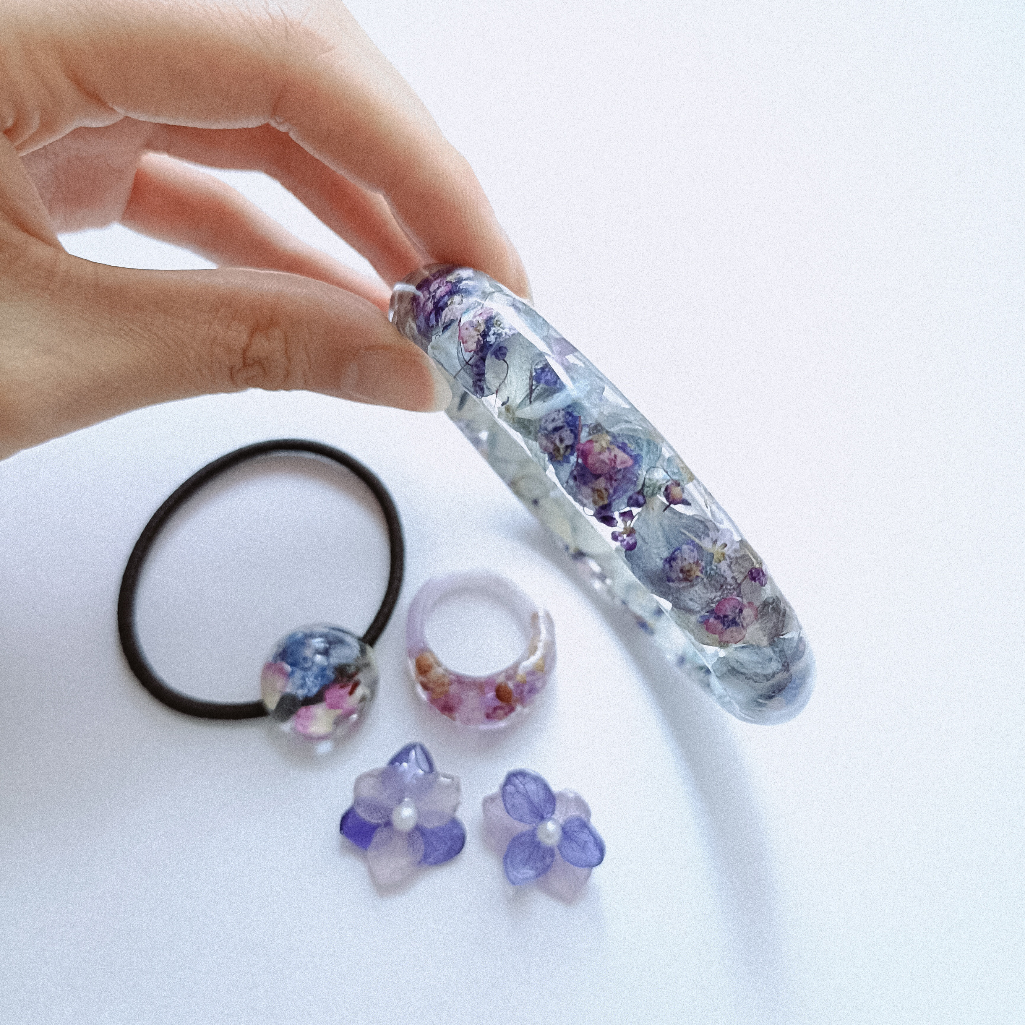 5周年記念福袋SALE　〜紫陽花色のアクセサリー4点セット〜　葡萄　ぶどう　クリア　ドライフラワー　紫陽花　パープル