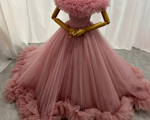 人気上昇！カラードレス ピンク キラキラグリッターチュール オフ