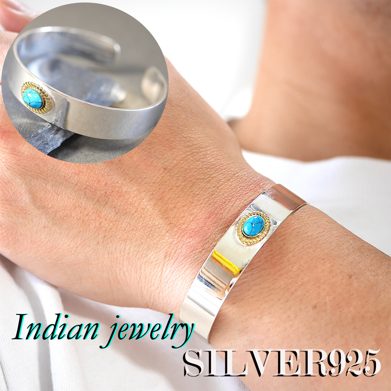 SILVER925-IDB-6 バングル シルバ−925 調整可能　巾着付  インディアンジュエリー ターコイズブルー