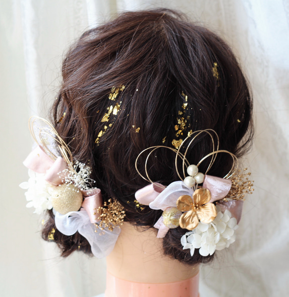 ピンクリボン♡ツインお団子アレンジ 水引 ヘッドパーツ ドライ