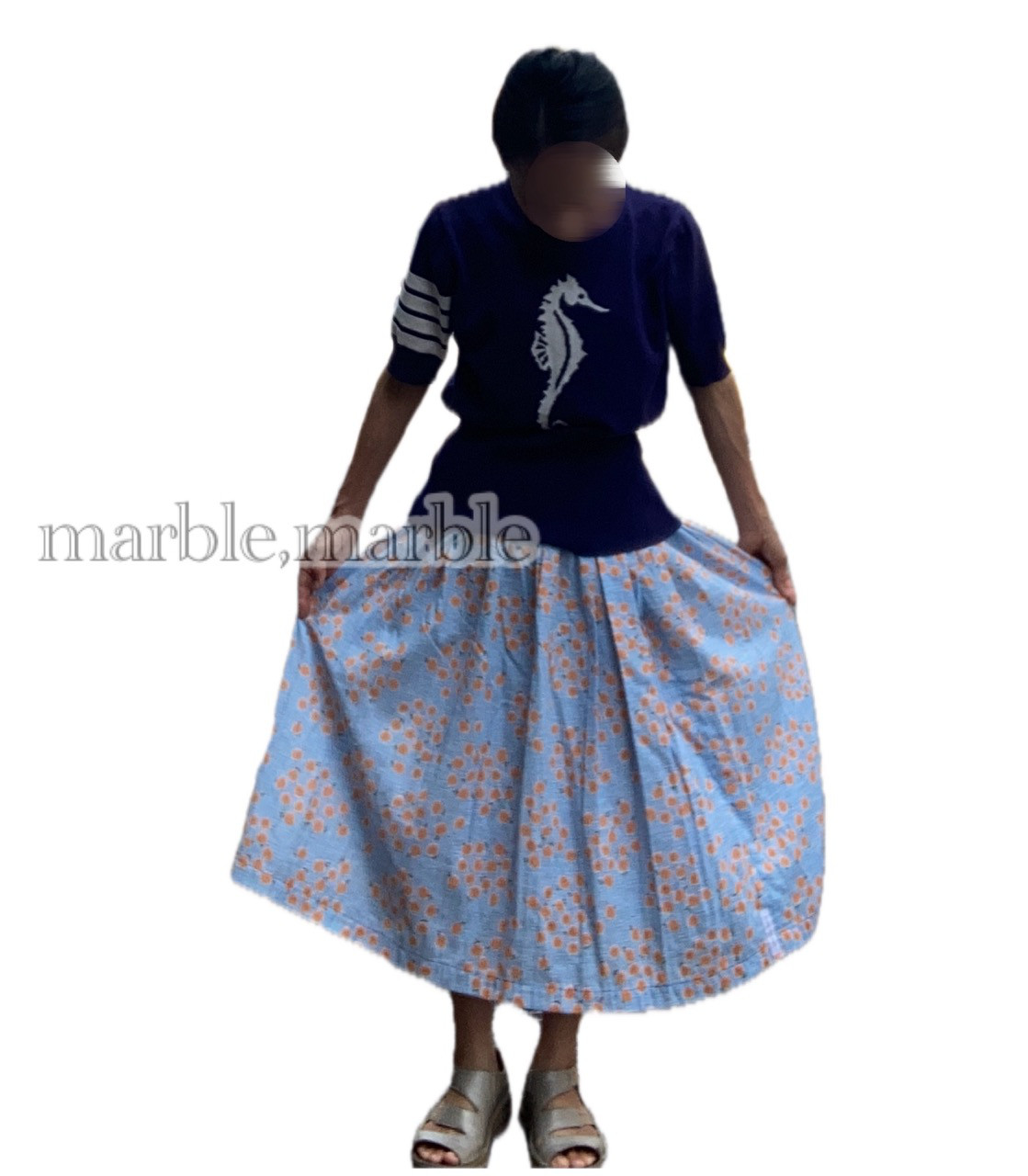 【1点のみ】ブルー×オレンジ　ガーゼスカート　小花スカート　ギャザースカート　花畑　フラワースカート　花柄
