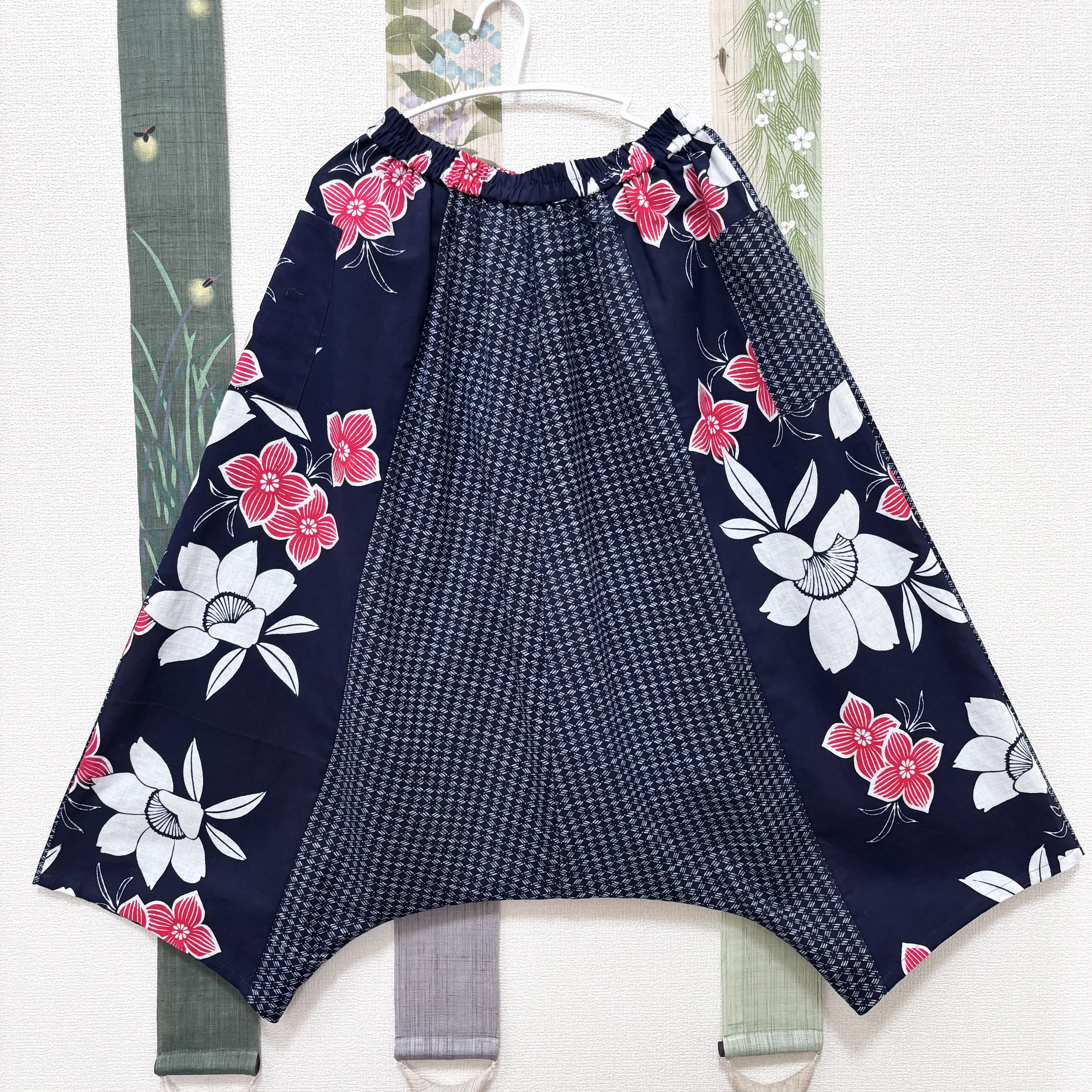 涼しくて軽いお気軽パンツ　浴衣反物から作ったサルエルパンツ　雷鴫