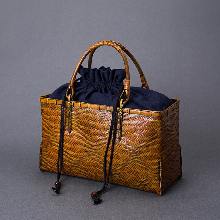 竹 籠 職人手作り 竹編みバッグ 水波模様 夏のお出かけにぴったり 綿内布付き かご バッグ バスケット 大容量
