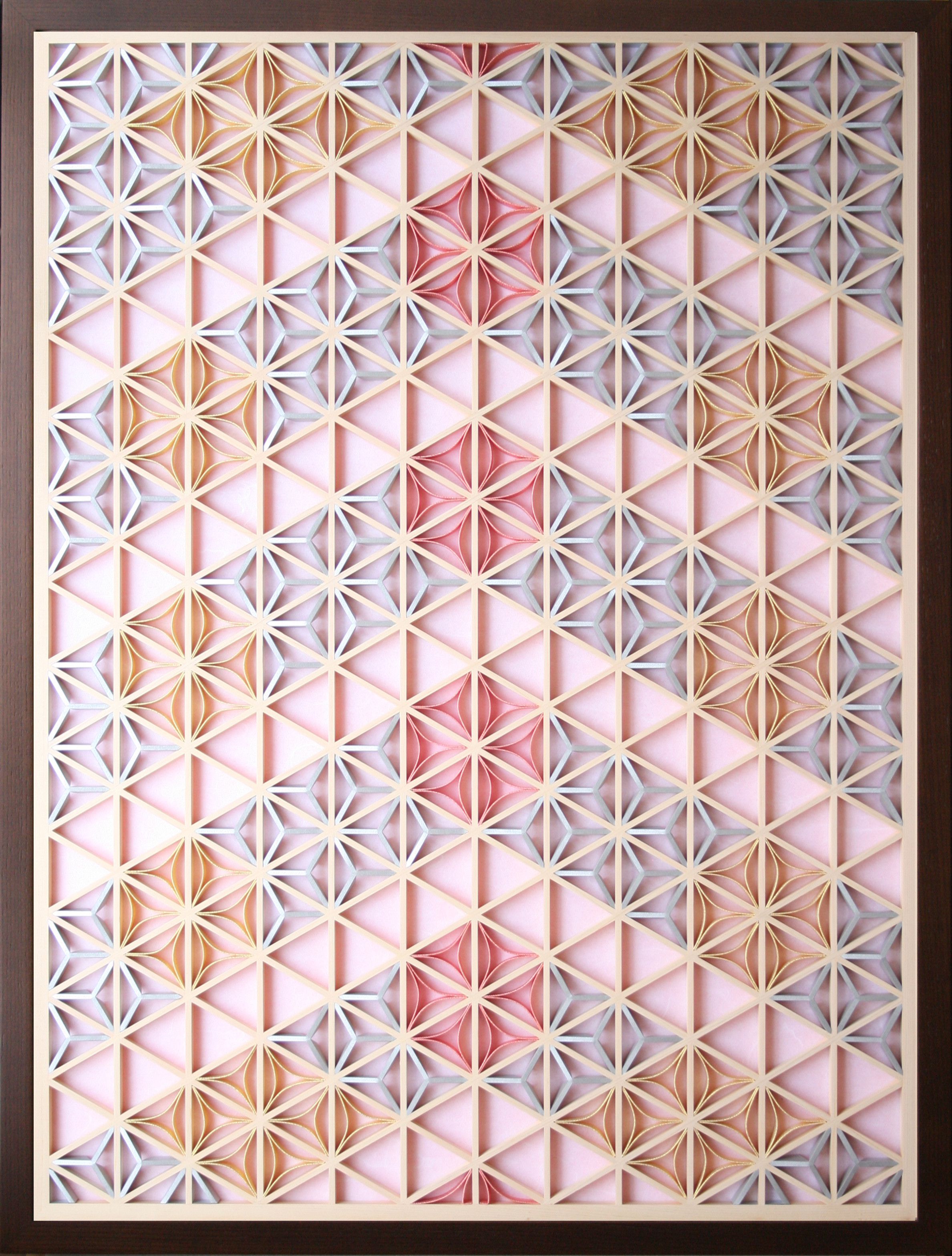 組子アートパネル 【水引七宝 コーラルピンク TypeE  ピンク背景】 和風インテリアパネル