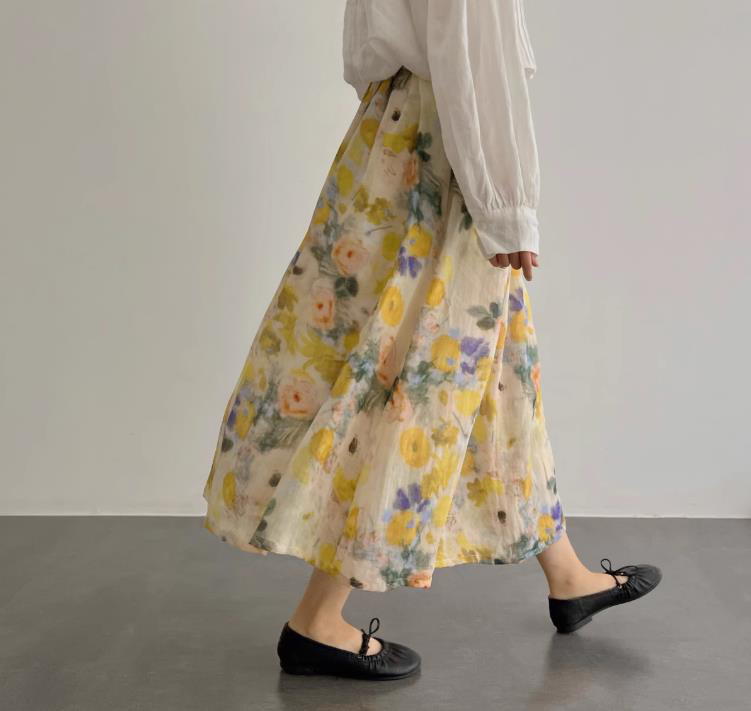 【受注製作】新作・天然素材で・高級リンネ麻スカート　yellow