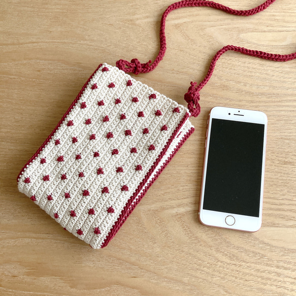 ドット柄 レッド ミニショルダーバッグ スマホ ポシェット コットン