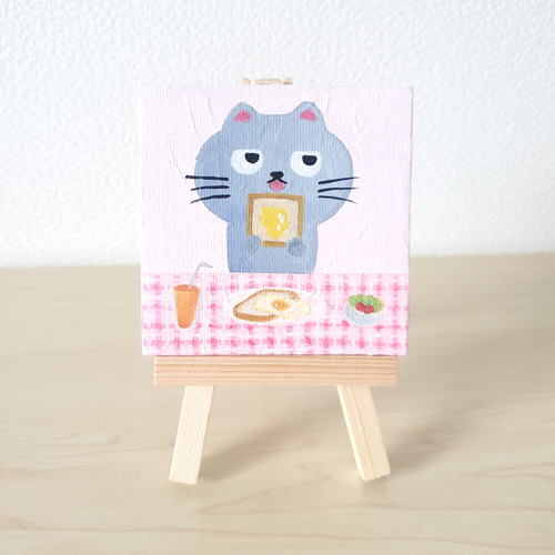 朝はパン派*ミニイーゼル付き【7.5cm×7.5cmキャンバス/油彩画】 絵画 