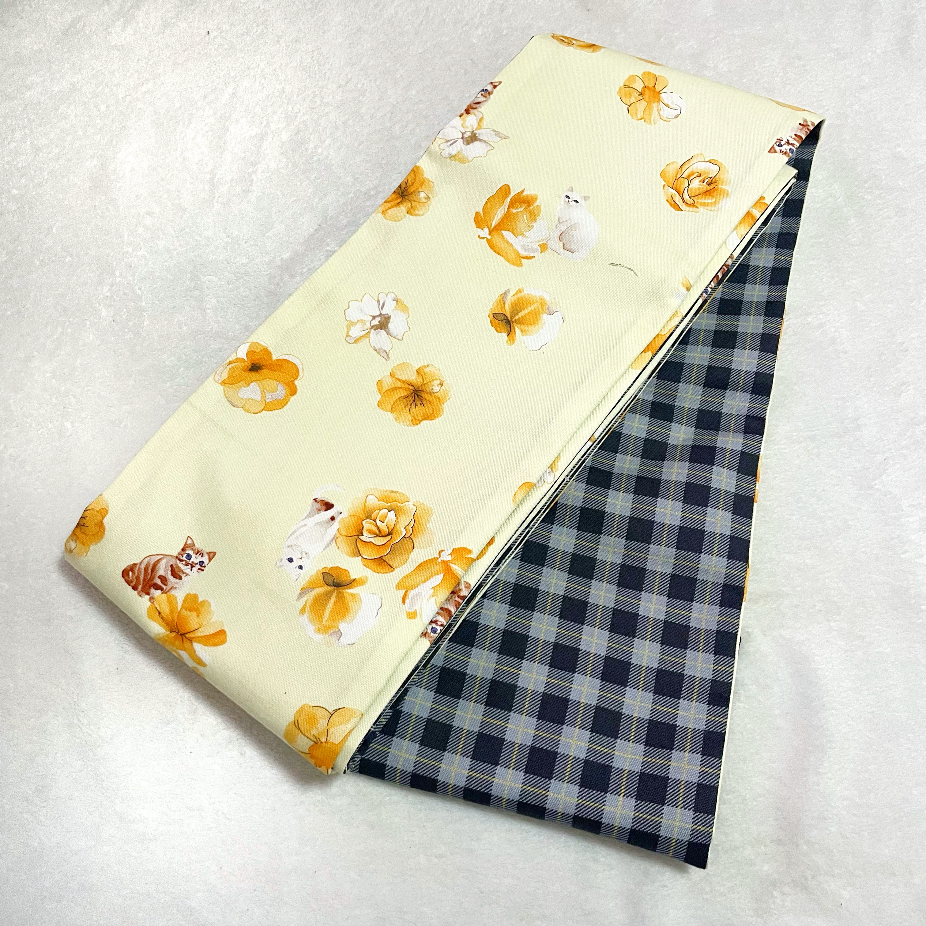 半幅帯-猫と小花(黄)-