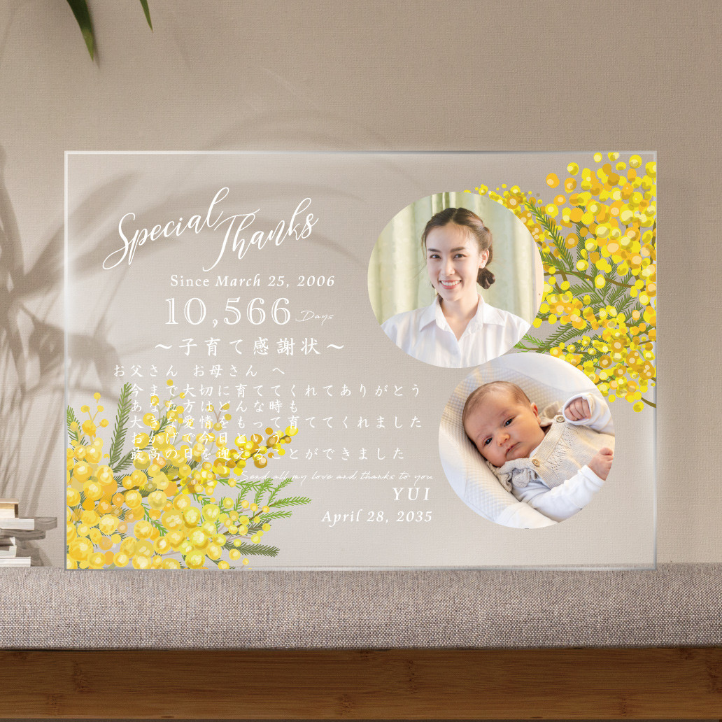 アクリルA4サイズ【子育て感謝状】写真入り 印刷会社仕上げ 両親贈呈品 ミモザ ウェディング 送料無料