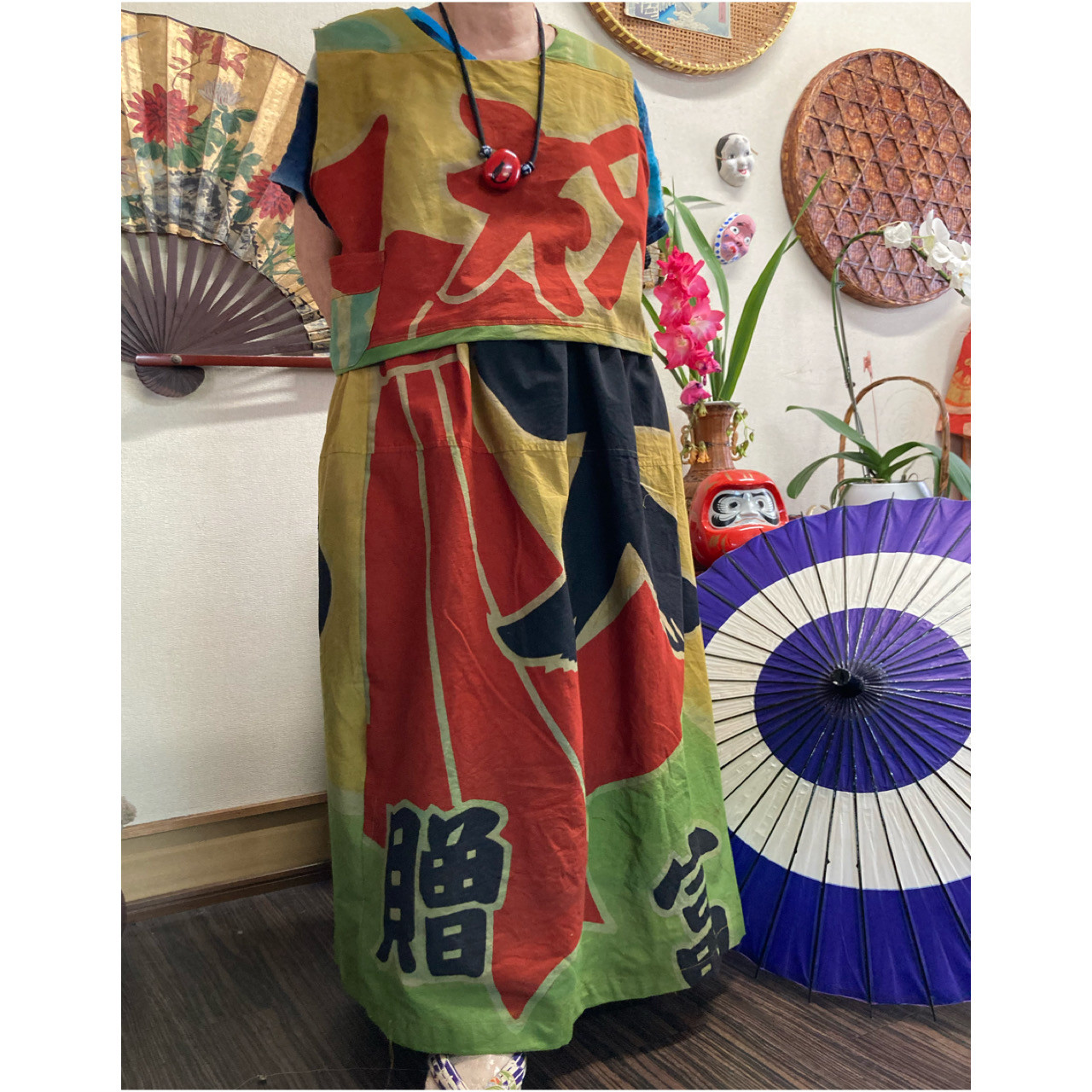 柿渋染め　大漁旗　家紋　古布　ハンドメイド 母さんの古布リメイク 大漁旗と鯛柄の手ぬぐいの柿渋染め