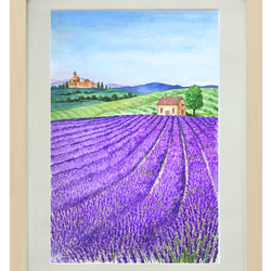 ラベンダー畑」 30×40cm ＊額装付き手描き水彩画(額縁2種) ＊送料無料 