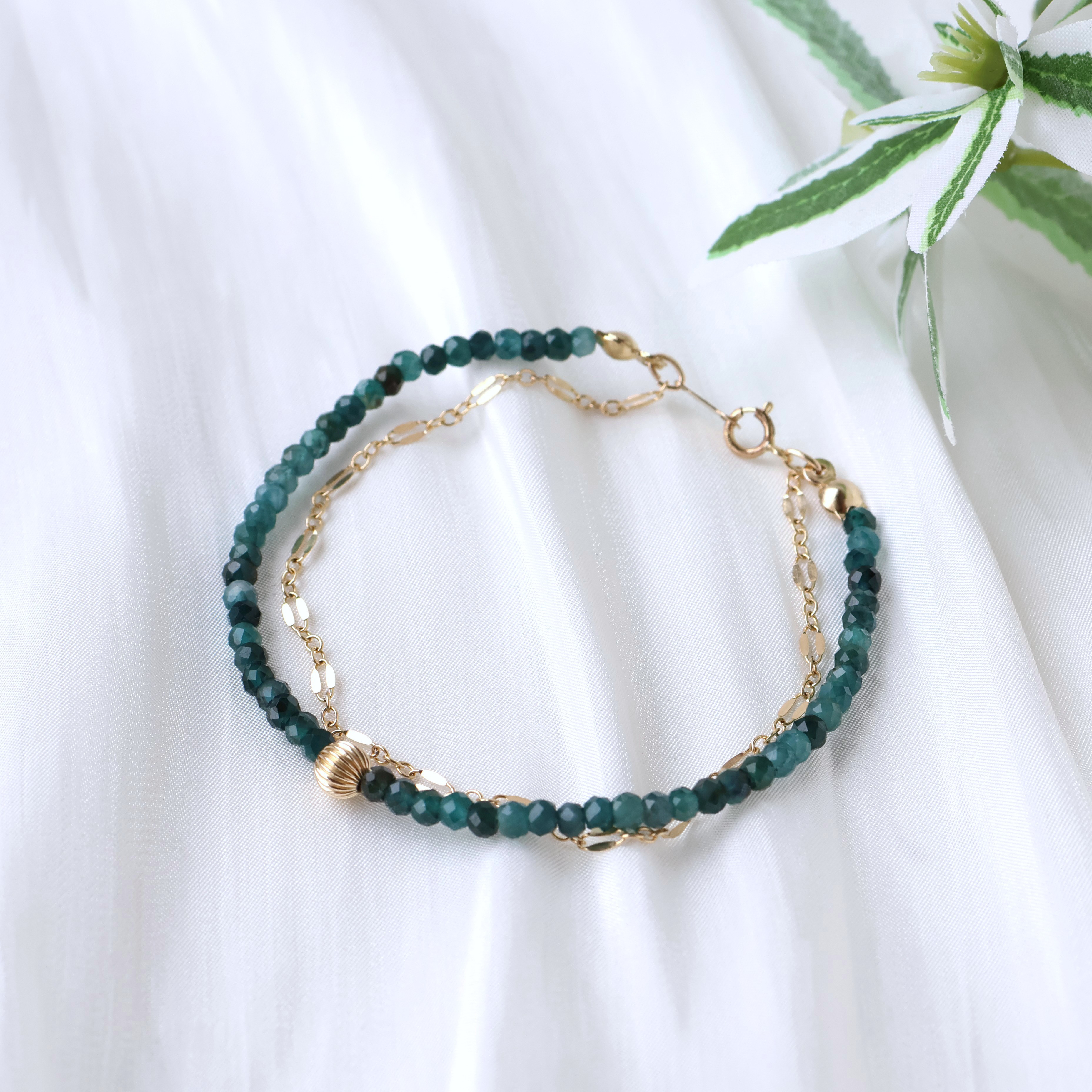 グランディディエライトとチェーンの2連ブレスレット　14kg　グリーン　２連ブレスレット