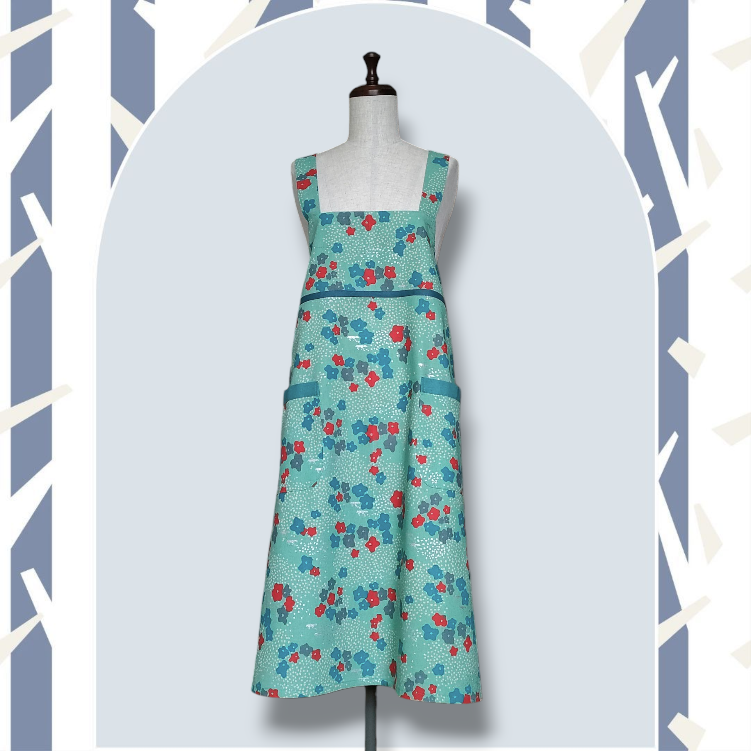 【花咲く草原とキツネ】肩クロス エプロン《ペパーミントグリーン》