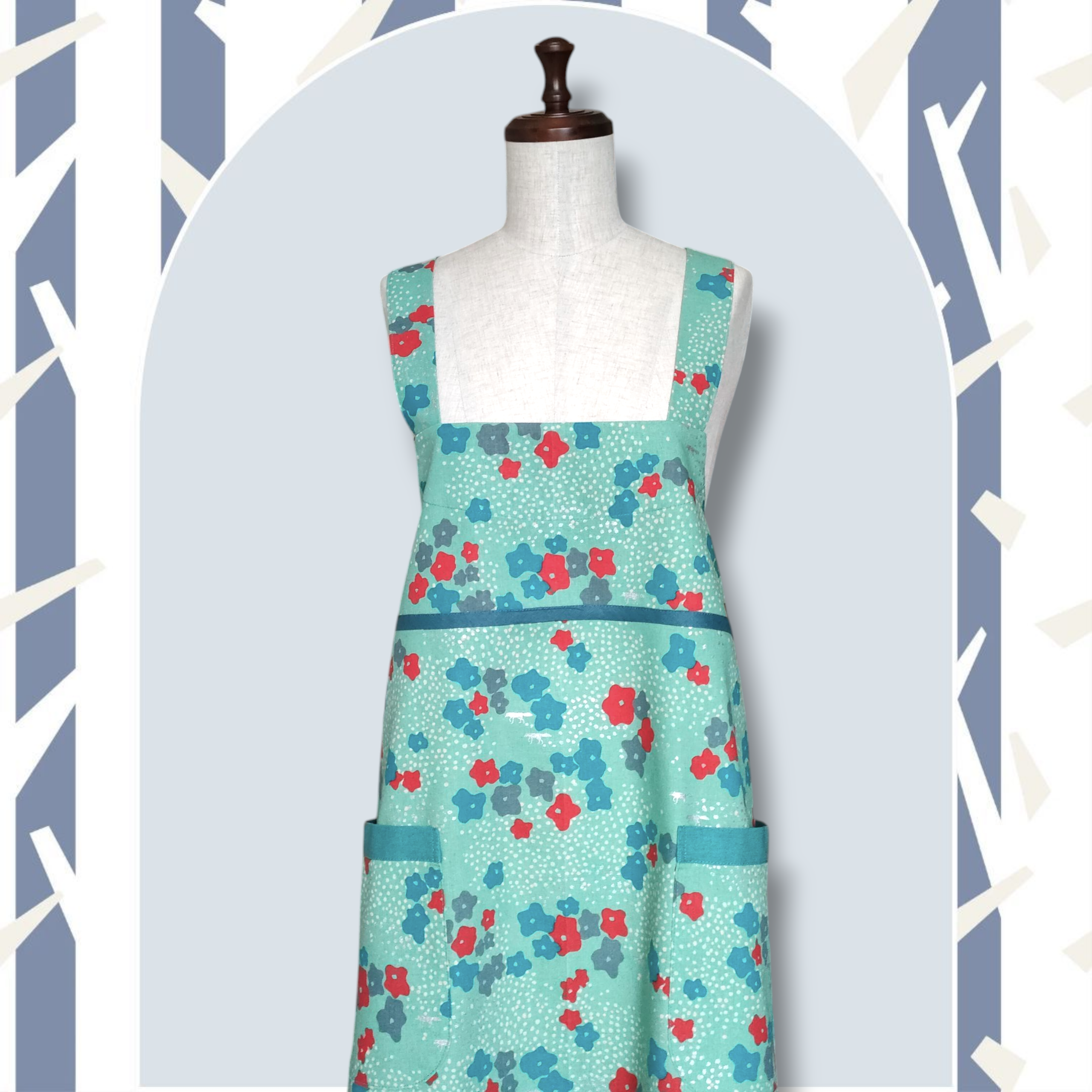 【花咲く草原とキツネ】肩クロス エプロン《ペパーミントグリーン》