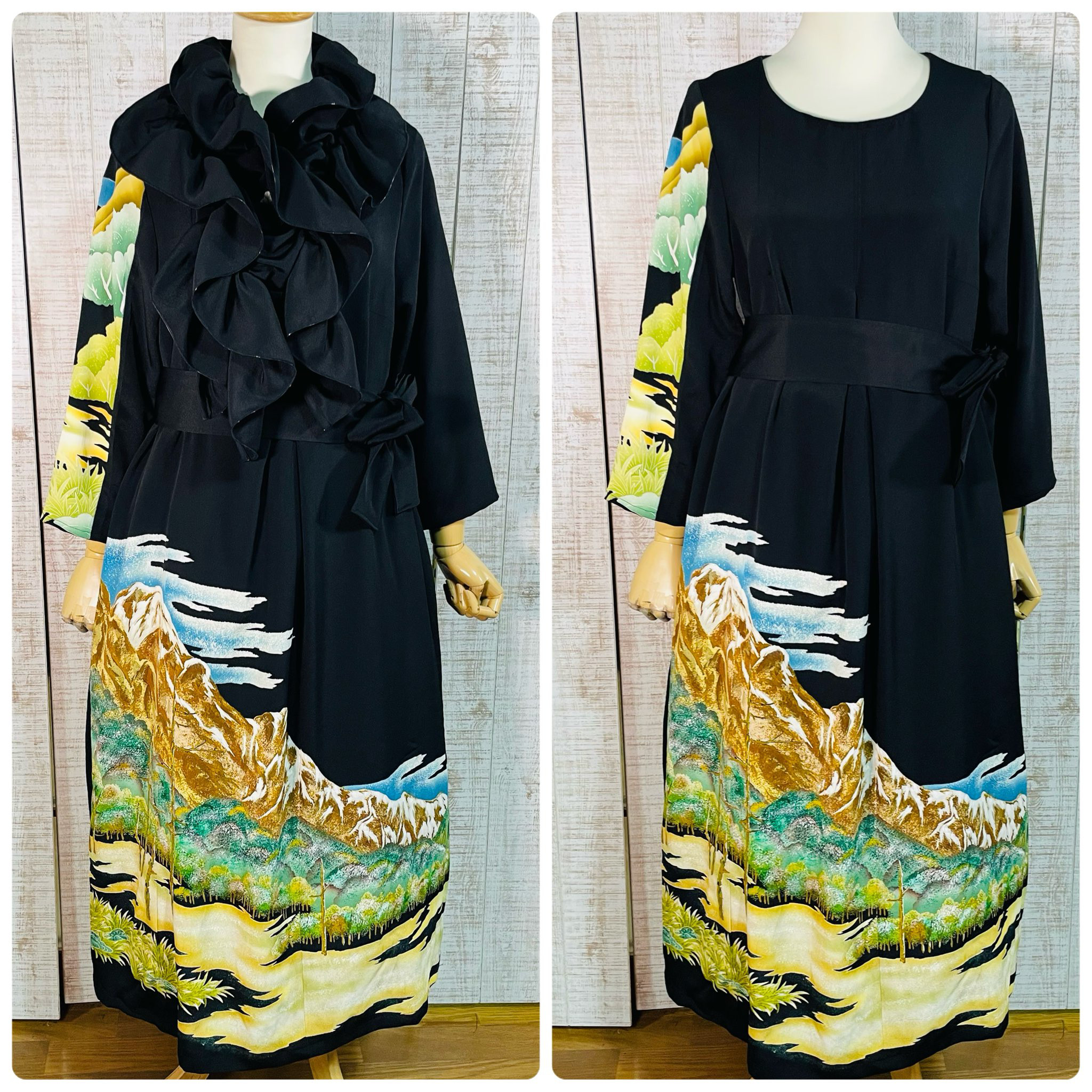 手描き山岳に木立模様正絹黒留袖ワンピースＬ～ＬＬ＆ギャザーストール