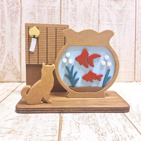 受注制作☆夏飾り☆金魚鉢と柴犬の木製置物☆風鈴・すだれ付き☆犬種