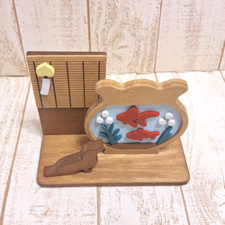 受注制作☆夏飾り☆金魚鉢とダックスの木製置物☆風鈴・すだれ付き☆犬種変更・色変更も可能！ 3枚目の画像