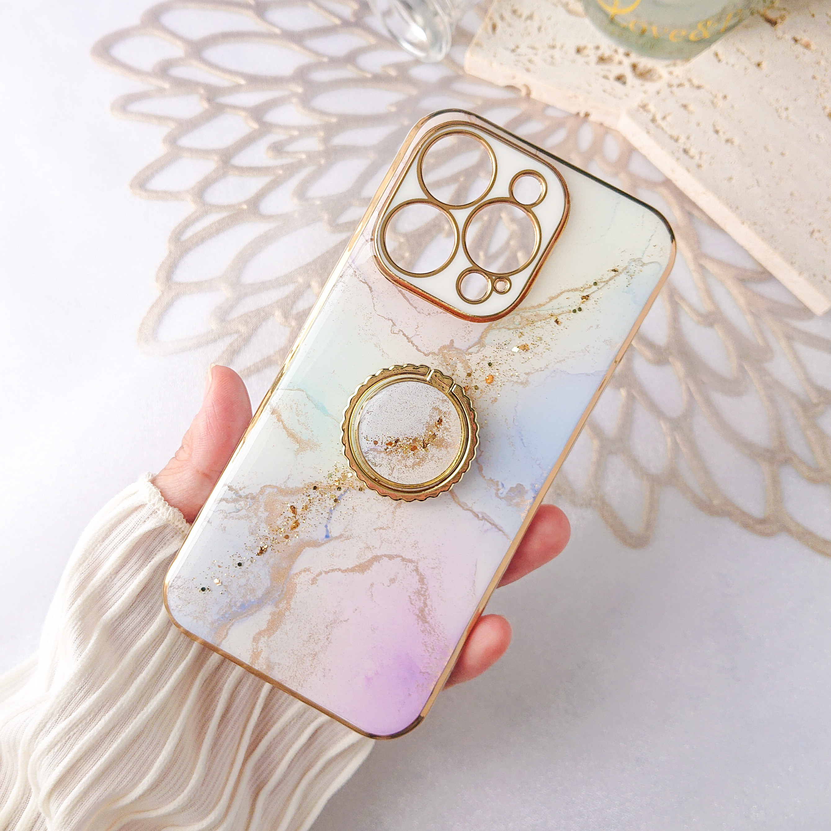 ふんわり紫陽花カラー　大理石風iPhoneケース　ブルー　パープル　スマホケース　アルコールインクアート　梅雨　雨