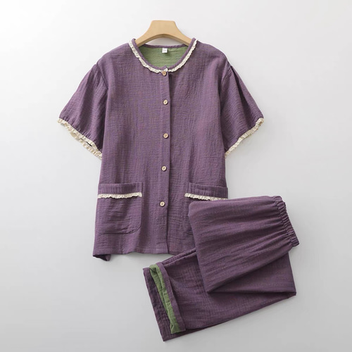 パジャマ 半袖レディース上下セット夏ダブルガーゼ 長ズボン 夏寝巻き