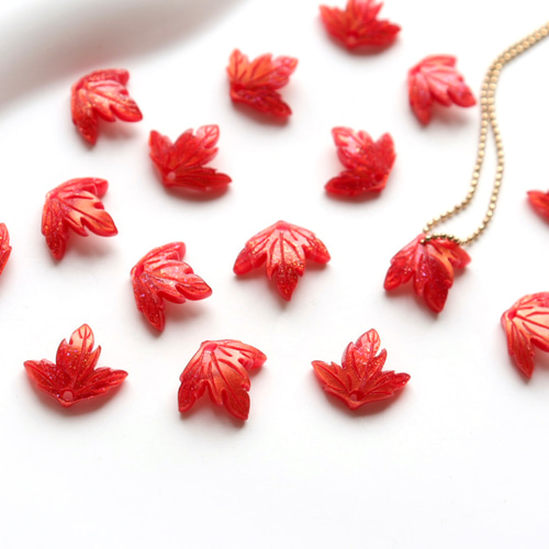 専用商品 K-9622 紅葉チャームセット オリジナル新作☆紅葉 もみじ チャーム ビーズ グリッター入り、朱色