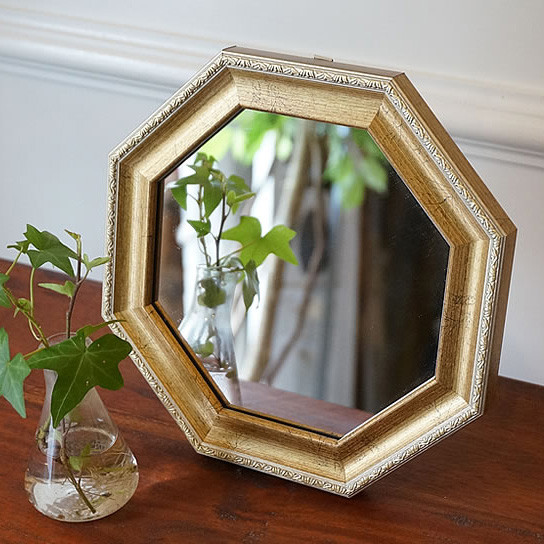 *✴︎:.。マーブルグリーンの八角形の鏡♪　（size20㎝/Max22㎝）