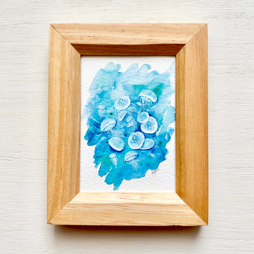 透明水彩画 ミニ額「涼しげクラゲ」プチギフト 夏インテリア くらげ 海